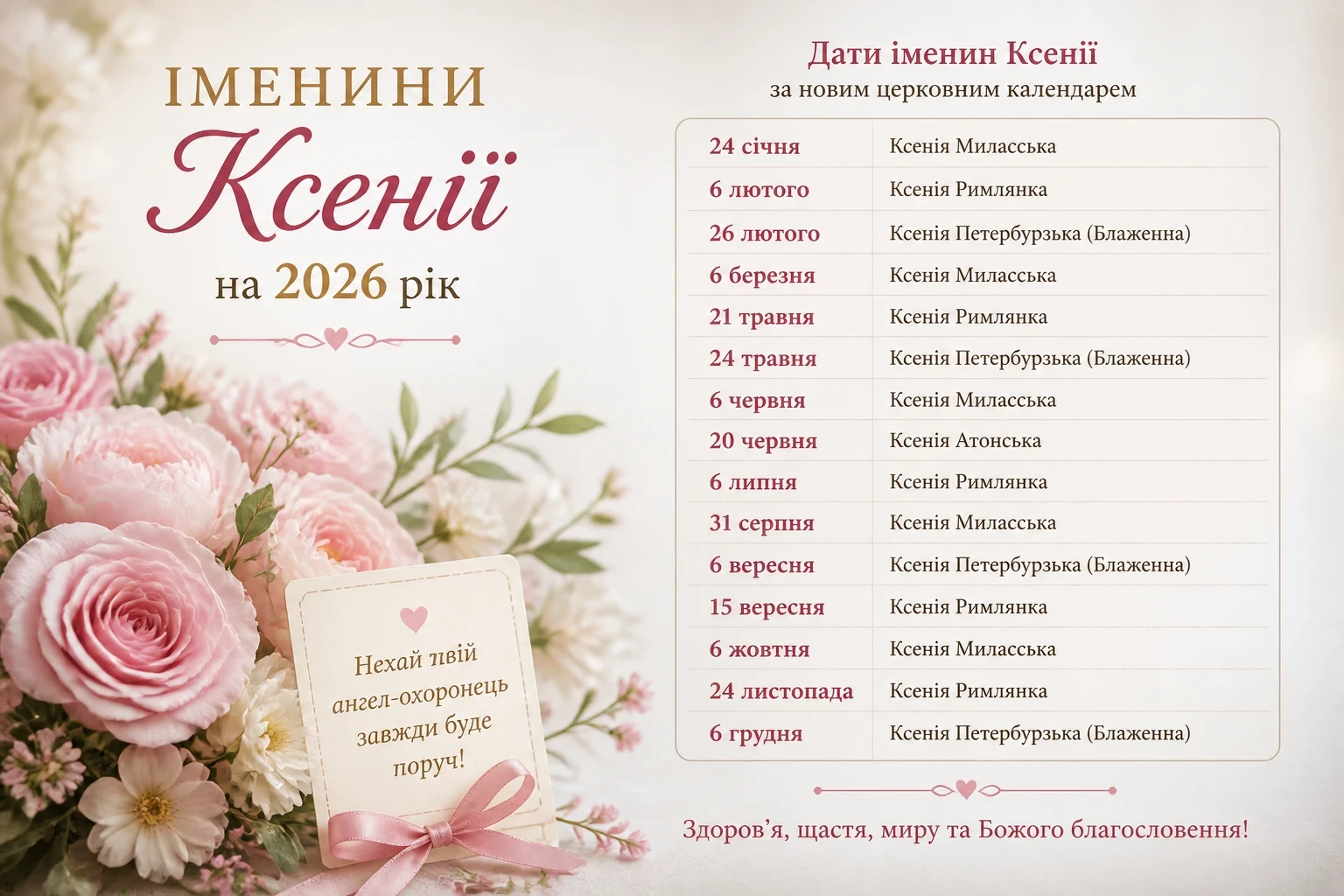 Іменини Ксенії на 2026 рік